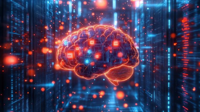 Glowing neon digital brain with circuit patterns floating in a server room, surrounded by blue lights and orange particles, futuristic and awe-inspiring - Powered by Adobe
