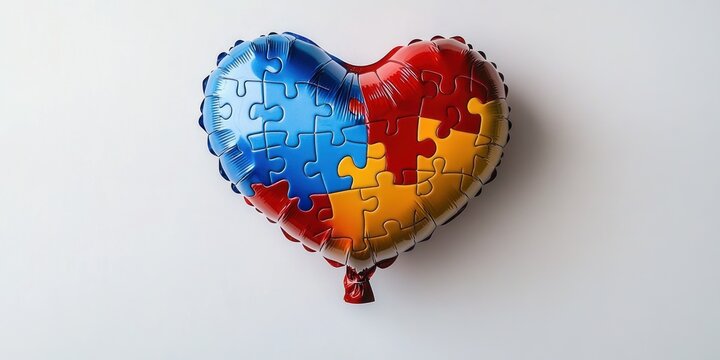 shiny heart-shaped foil balloon made of interlocking jigsaw puzzle pieces in blue red and yellow on a white background, cheerful and uplifting - Powered by Adobe
