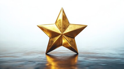 polished golden five-pointed star standing on a calm reflective water surface with warm glow and soft gradient background, evoking serene pride and achievement
