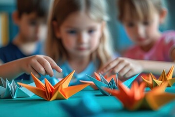 children's hands arranging colorful origami cranes on a teal table in a bright, playful and focused crafting scene