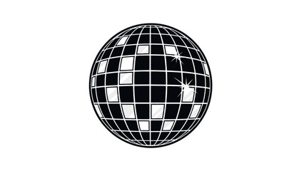 Stylized black and white vector icon of a glittering disco mirror ball, perfect for retro party themes, nightlife promotion, music events, and graphic design.