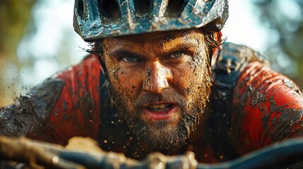 close-up of a muddy mountain biker gripping handlebars in a helmet and red jersey, mud splashing, intense focused determination on a forest trail