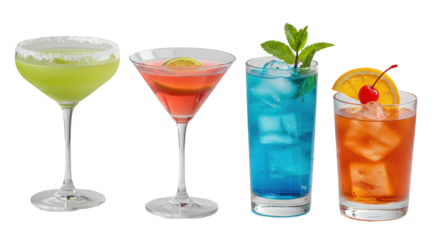 Four vibrant, luxury classic cocktails, intricate garnishes, ice, micro-condensation on white marble, pure studio background, copy space. Concept for premium beverage advertising