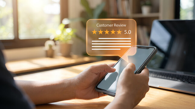 a person is viewing a five star customer review on a smartphone with a laptop and books in the background representing positive feedback