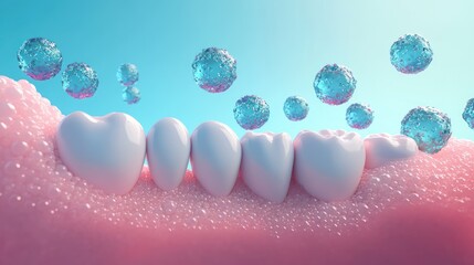 Glossy white teeth in pink bubbly gum with floating blue translucent spheres and scattered foam bubbles, a fresh and soothing dental care scene