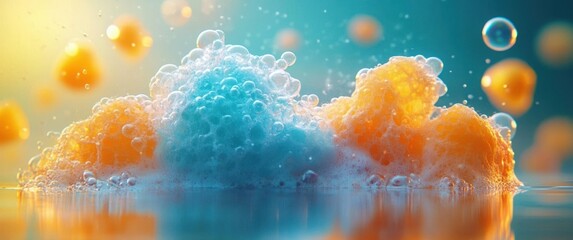 Dreamy vibrant blue and orange foam mounds studded with glistening bubbles on reflective water, evoking wonder and serenity