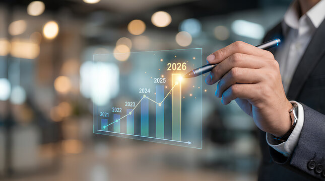 a professional in a suit interacts with a transparent digital display showcasing a financial growth chart projecting future trends up to the year 2026 - Powered by Adobe