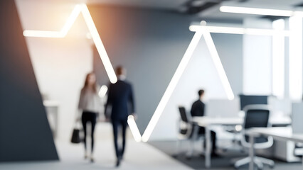 Blurred figures walk through a modern office space with a glowing line graph overlay representing market trends.