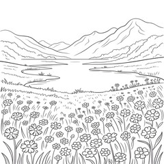 Fototapeta premium Wildflower Valley Nature Scenery Black and White Drawing