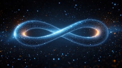 glowing blue particle infinity loop with golden cores and starry cosmic background, evoking wonder and endless motion