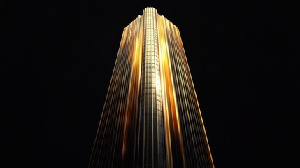 Towering modern skyscraper with golden vertical lights and reflective glass facade against a black night sky, evoking awe, grandeur, and a dramatic futuristic mood