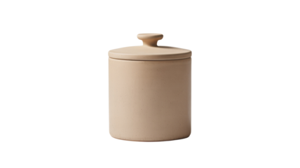 A beige ceramic jar isolated on transparent background with a small knob lid