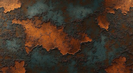 Peeling orange rust and teal paint on pitted metal, flaking crust and rough texture showing weathered industrial decay and gritty aged corrosion