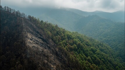 Naklejka premium devastation. Aerial view of a charred forest landscape, hazy atmosphere and deep perspective. ESG reports, sustainability campaigns, designed for environmental awareness campaigns.