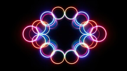Abstract Circular Neon Light Design With Glowing Rainbow Colors On Black Background