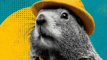 Stylized groundhog wearing a yellow hat against a pop-art teal and yellow background. Great for nature blogs, Groundhog Day marketing, humorous social media content, and children's education.