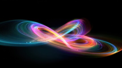 Abstract Colorful Light Trails Swirling Infinity Loop Against Dark Black Background