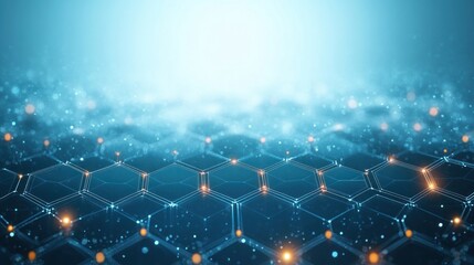 Glowing hexagonal digital grid with soft bokeh lights and warm orange nodes, evoking a futuristic calm and interconnected network