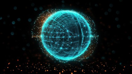 glowing cyan wireframe sphere with interconnected nodes and orange particle orbit on a dark background, futuristic digital network radiating energetic light