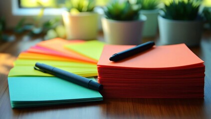 Vibrant stacked sticky notes in neon orange, green, yellow and blue with two black pens on a wooden desk and blurred potted succulents, calm organized creative mood