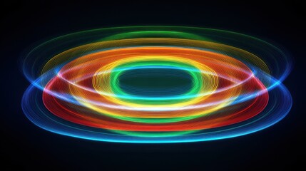 Abstract Digital Art of Glowing Concentric Ellipses in Rainbow Colors on a Dark Background