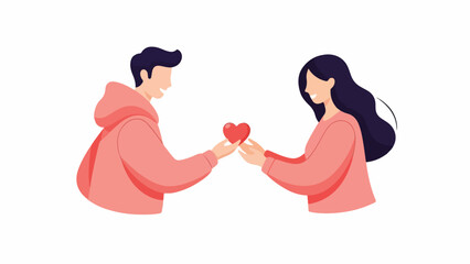 Romantic flat illustration of a young couple joyfully sharing a red heart, symbolizing love, care, and connection in a relationship or a gift of affection