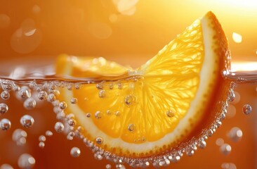 Close-up of a vibrant orange slice half submerged in sparkling water with effervescent bubbles and warm golden backlight, evoking refreshing zest