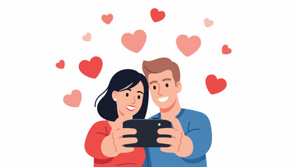 Joyful couple capturing a cherished moment with a smartphone selfie, surrounded by floating hearts, symbolizing their love, happiness, and shared digital connection