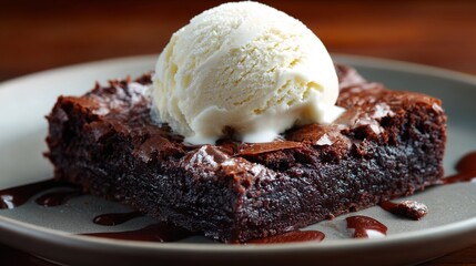 Chocolate Brownie Dessert with Vanilla Ice Cream on Plate