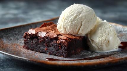 Chocolate Brownie Dessert with Vanilla Ice Cream on Plate