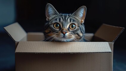 alert tabby cat peeking out of a cardboard box with wide curious eyes and twitching whiskers in soft dim lighting