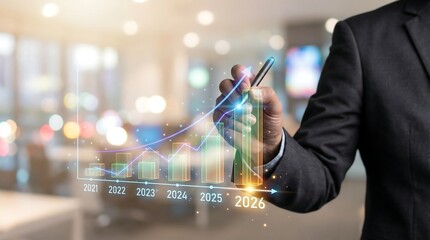 A businessman in a suit interacts with a transparent digital graph displaying upward trending financial data projecting growth and success over several years
