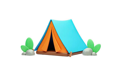 3D Camping Tent with Foliage and Rocks