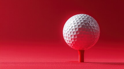 A golf ball on a tee against a vibrant red background