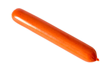 One thin long sausage on a white background. One sausage isolated close-up
