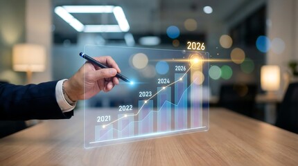 a professional hand interacting with a holographic financial graph displaying growth projections from 2021 through 2026 in a modern office setting high quality detailed