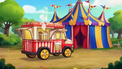 Food Truck Serves Snacks at Carnival Near Colorful Tent With Playful Atmosphere at Local Fairground in Daytime