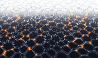Futuristic hexagonal mesh network with glowing orange nodes on reflective dark surface, evoking connectivity and dynamic energy