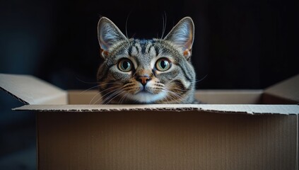 Curious tabby cat with wide green eyes peeking out of a cardboard box against a dark background, alert and surprised expression