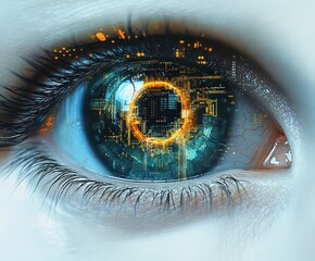 Close-up human eye reflecting a glowing orange digital circuit ring in a blue iris with detailed lashes and skin, conveying awe and futuristic intensity
