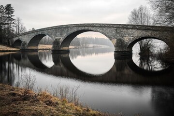 Fototapeta premium Misty stone arch bridge spanning a calm reflective river with circular arch reflections, bare trees and grassy riverbank, tranquil melancholic morning