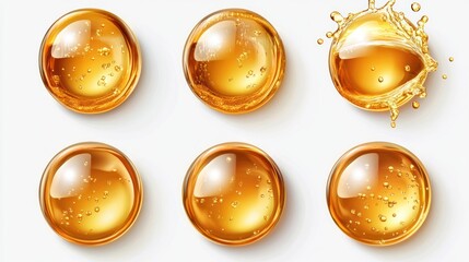 Six golden liquid droplets on a white surface, with one splashing