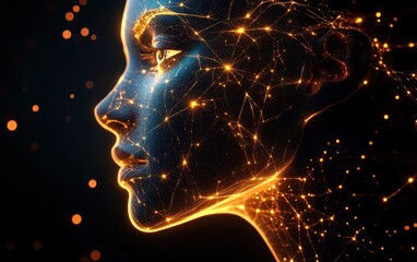 Glowing golden network forming a human profile and ear with interconnected light nodes against a dark backdrop and scattered orange bokeh, futuristic contemplative mood