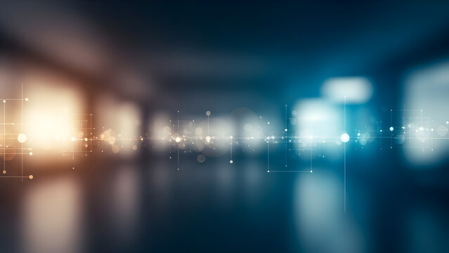 Abstract network connections illuminate a blurred modern office interior with glowing data points and light trails. - Powered by Adobe