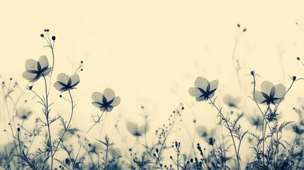 Delicate wildflower silhouettes with slender stems and buds in a soft sepia meadow, evoking calm nostalgic serenity