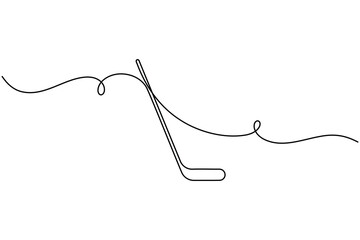 Obraz premium Hockey stick icon and sign continuous one line drawing on white background minimalist single art sport equipment symbol outline vector illustration