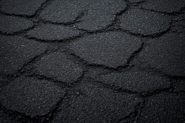 Fototapeta premium close-up of dark granular asphalt roof shingles with overlapping rounded tabs and shadowed moody texture showing wear and rugged surface detail