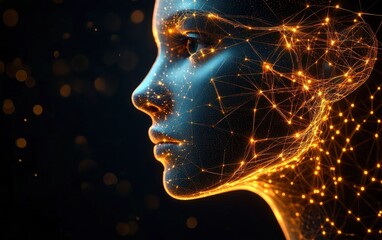 Glowing golden wireframe human profile with interconnected nodes and warm bokeh lights, futuristic and contemplative atmosphere