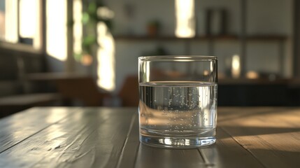 A glass of water on a wooden table in a bright room with natural light