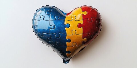 glossy heart-shaped balloon with interlocking jigsaw puzzle pattern in blue, yellow and red on white background, evoking unity and hopeful connection